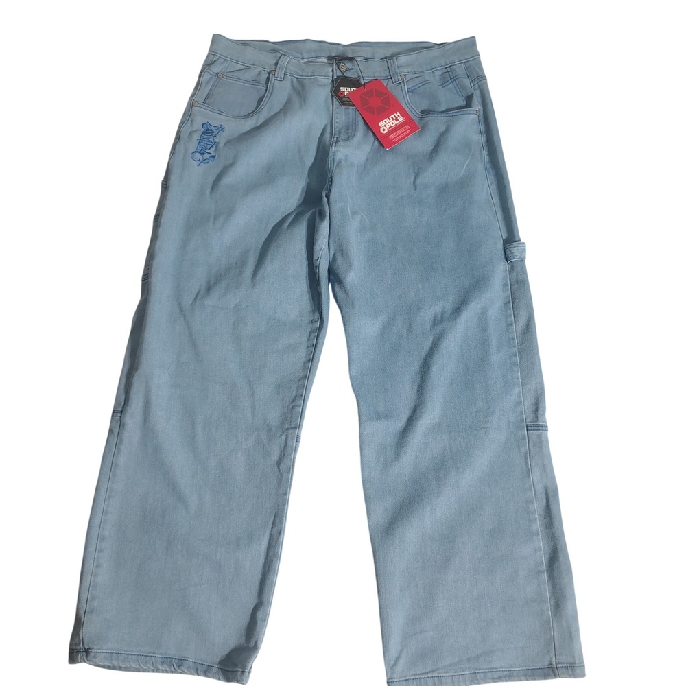 Southpole Mens Baggy Carpenter Jeans Light Wash Blue Embroidered Size‎ 36x30 NWT